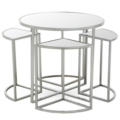 Set of 5 Glass Top Silver Finish Frame Nesting Tables with Geometric Design, Farran