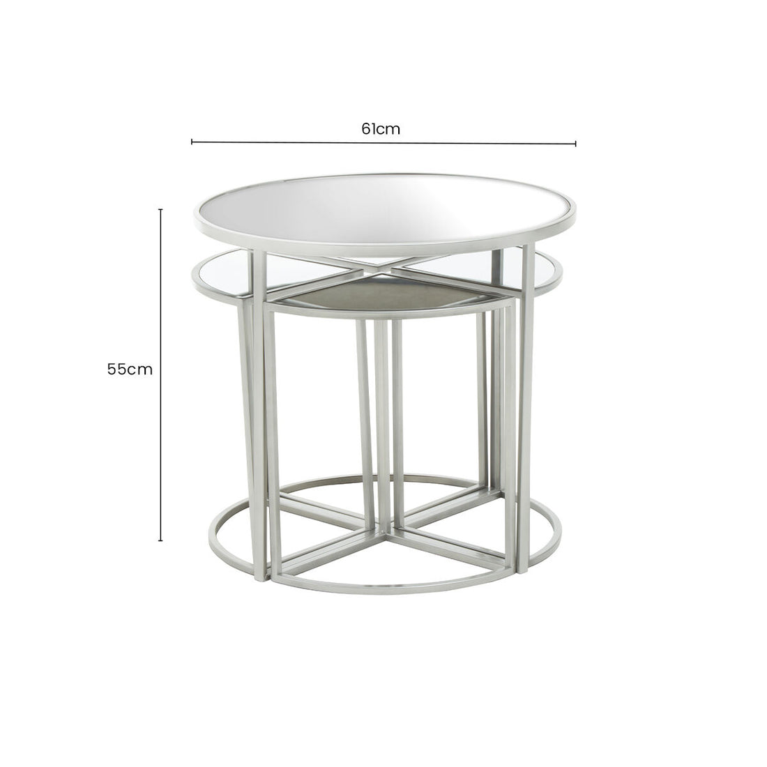 Set of 5 Glass Top Silver Finish Frame Nesting Tables with Geometric Design, Farran