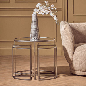 Set of 5 Glass Top Silver Finish Frame Nesting Tables with Geometric Design, Farran