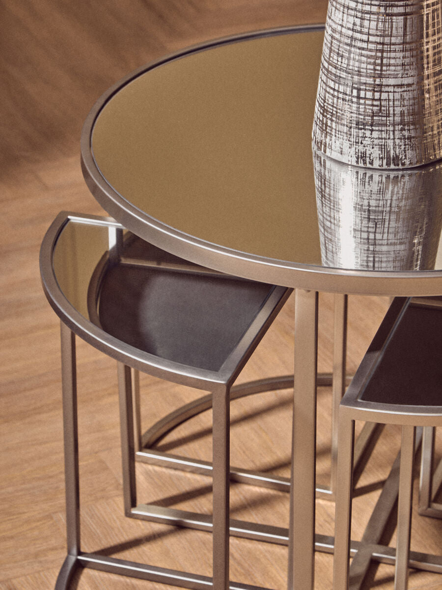 Set of 5 Glass Top Silver Finish Frame Nesting Tables with Geometric Design, Farran