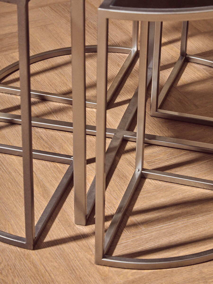 Set of 5 Glass Top Silver Finish Frame Nesting Tables with Geometric Design, Farran