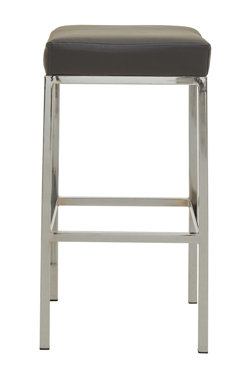 Bar stool with brown cushioned seat and metal frame on a white background