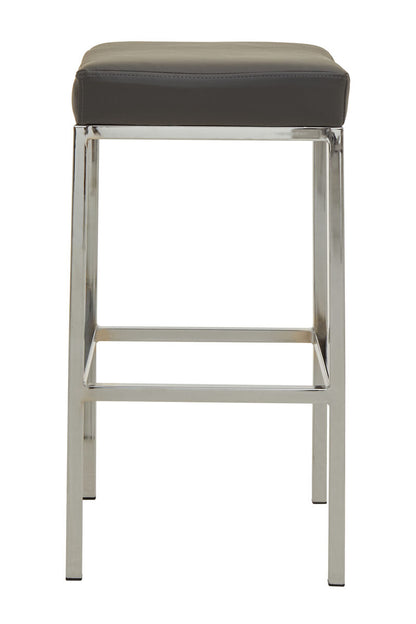 Bar stool with brown cushioned seat and metal frame on a white background