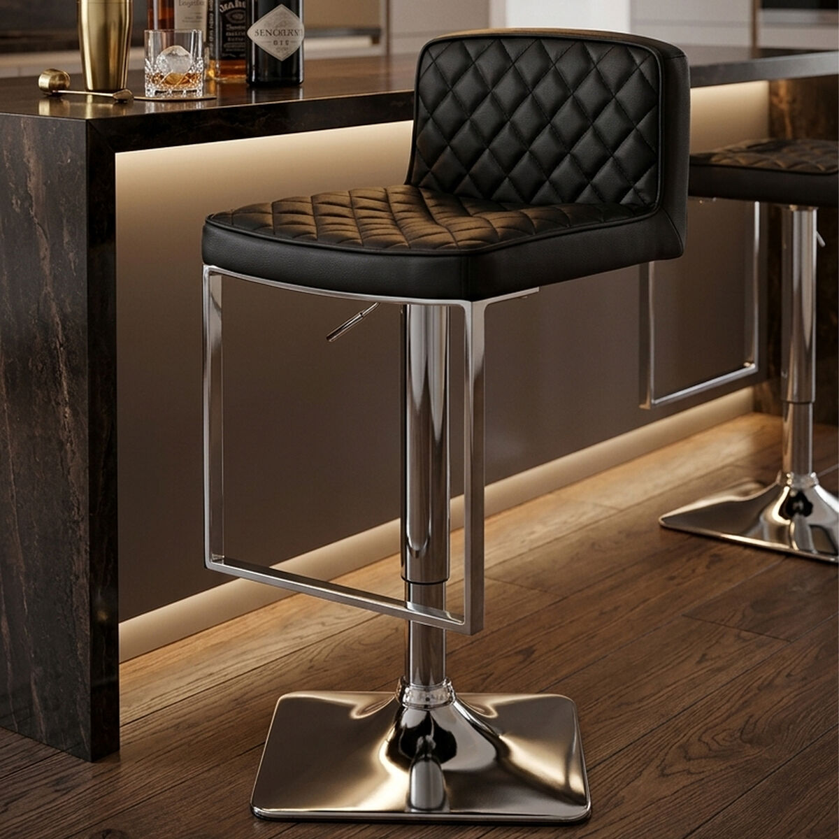 Black and Chrome Bar Stool with Square Base | Baina