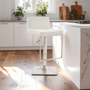 Baina White Leather Effect Adjustable Bar Chair with Chrome Square Base