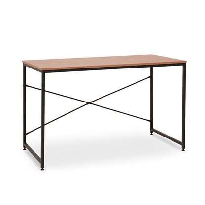 Wooden table with black metal frame on a white background