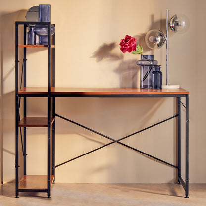 Wooden desk with black metal frame against a beige wall