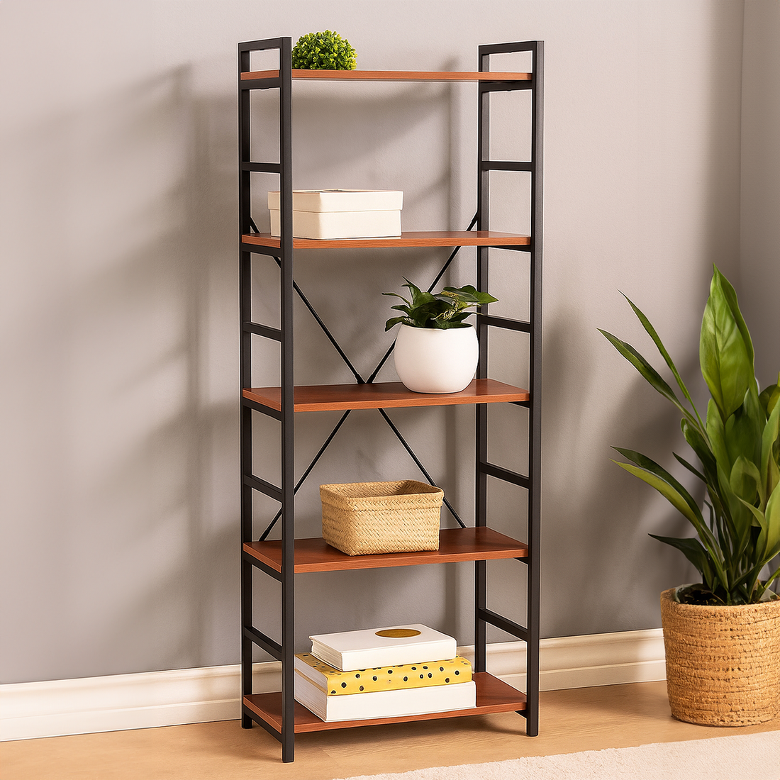 Bookshelf with wooden shelves and metal frame against a gray wall