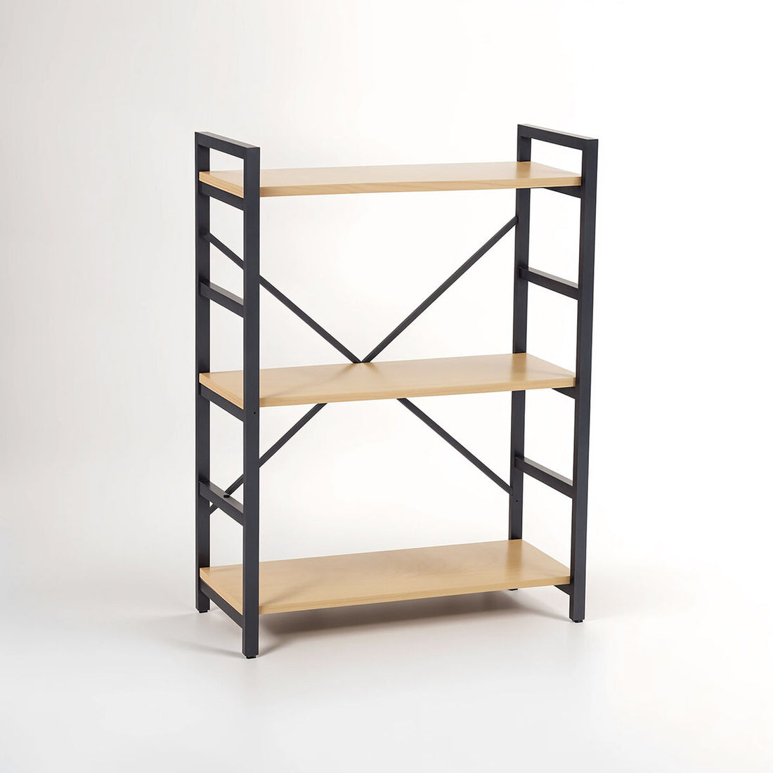Bookshelf with black metal frame and wooden shelves on a white background