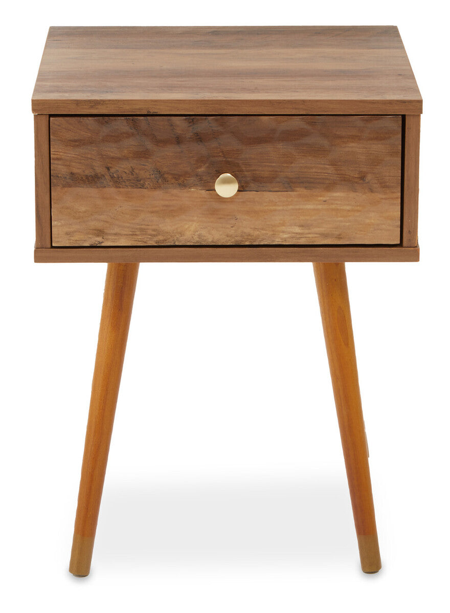 Wooden side table with a drawer on a white background