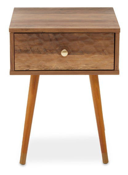 Wooden side table with a drawer on a white background