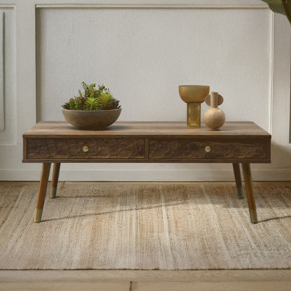 Brown Wood Veneer Coffee Table with 2 Drawers and Angular Wooden Legs | Frida