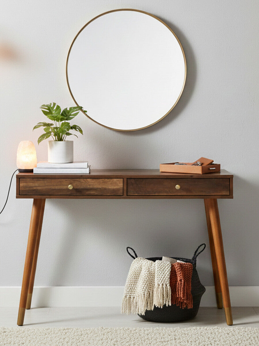 Brown Natural Wood Veneer Console Table with 2 Storage Drawers, Frida