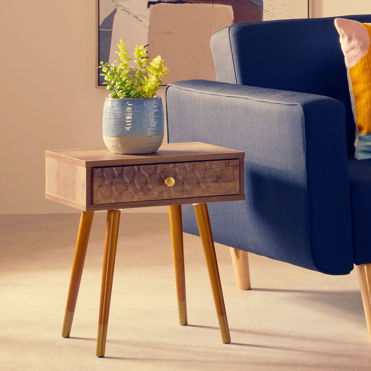 Natural Brown Wood Effect Bedside Table with 1 Drawer and Angular Legs, Frida