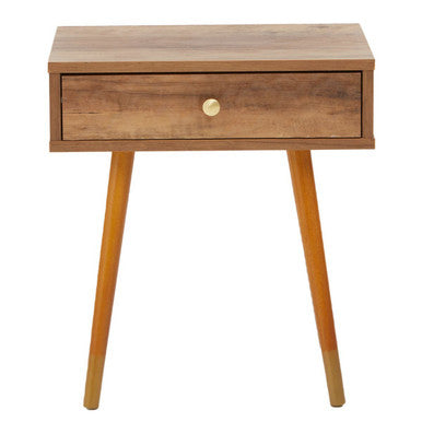 Wooden side table with a drawer on a white background