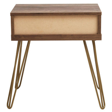 Brown Wood Top 1-Drawer Side Table with Hairpin Legs, Flori