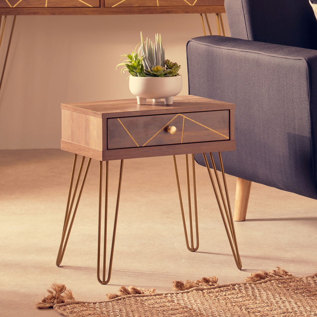 Brown Wood Top 1-Drawer Side Table with Hairpin Legs, Flori