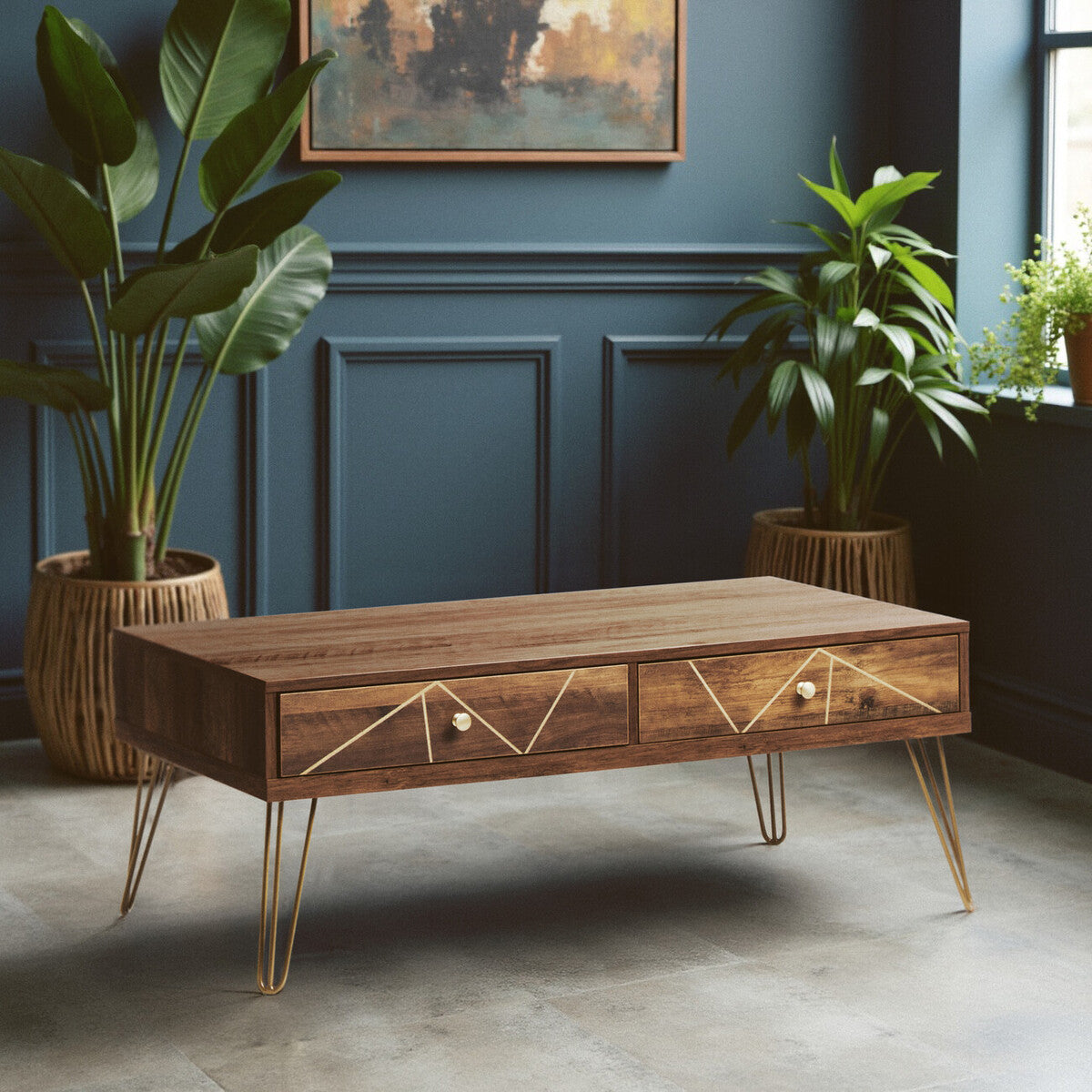 Brown Wood Top 2-Drawer Coffee Table with Hairpin Legs, Flori
