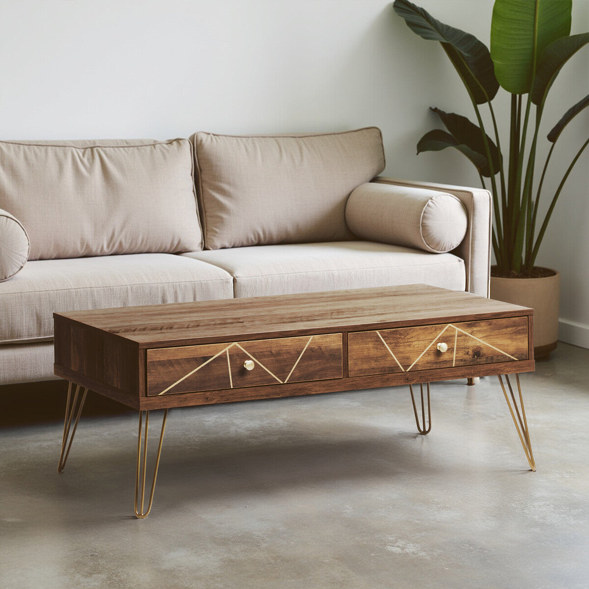 Wooden coffee table with geometric design in a living room setting