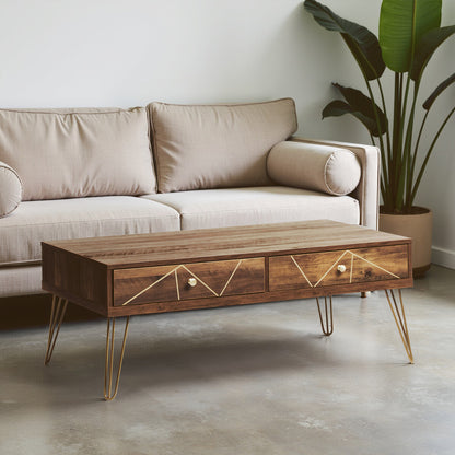 Wooden coffee table with geometric design in a living room setting