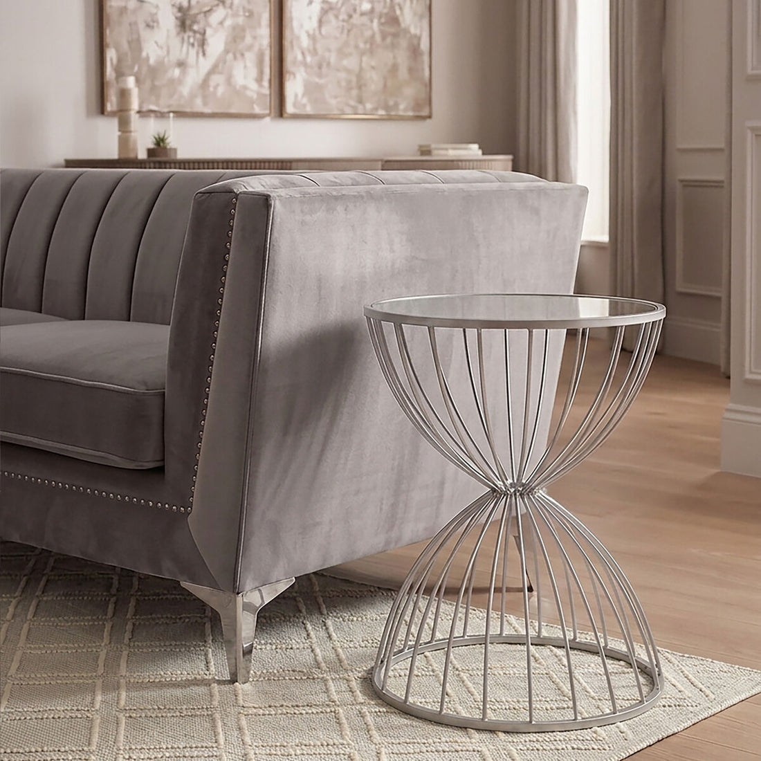 SilverMirrored Round Side Table with Hourglass Frame, Jolie
