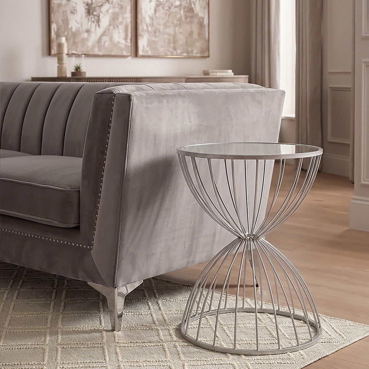 SilverMirrored Round Side Table with Hourglass Frame, Jolie