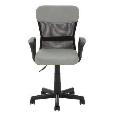 Gray office chair with black mesh back on a white background