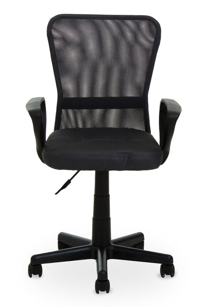 Black office chair with mesh back on a white background