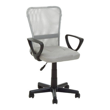 Gray office chair with black armrests and wheels on a white background