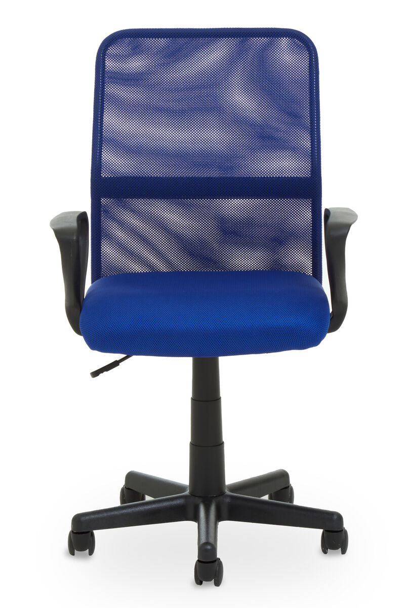 Blue office chair with mesh back on a white background