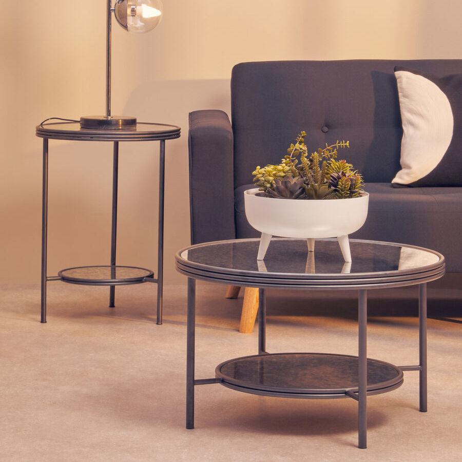 Two Tier Antique Mirror Round Coffee Table with Black and Silver Frame, Xania