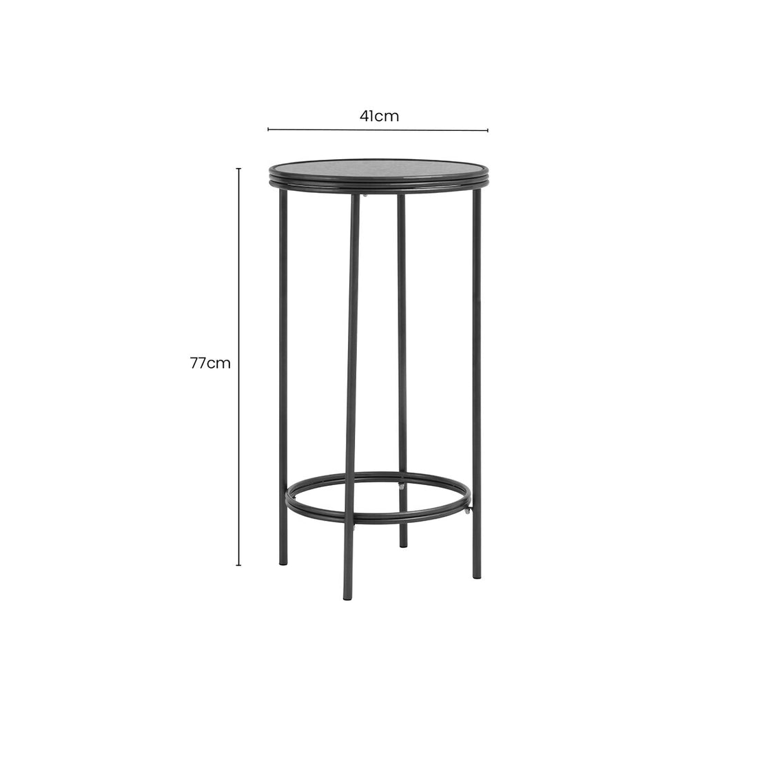 Silver and Black Round Side Table with Antique Mirror Top, Xania