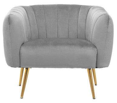 Gray velvet armchair with gold legs on a white background