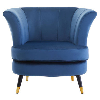 Blue armchair with gold legs on a white background