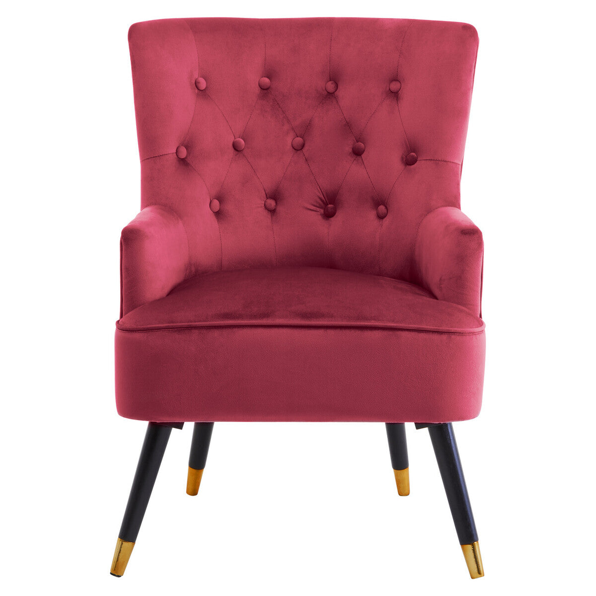 Pink armchair with buttoned backrest and black legs with gold tips on a white background