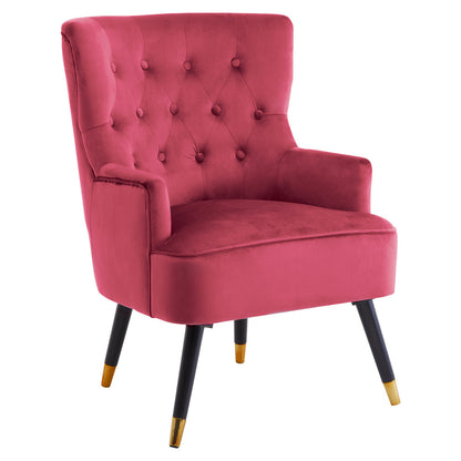 Pink armchair with tufted backrest and black legs with gold tips on a white background