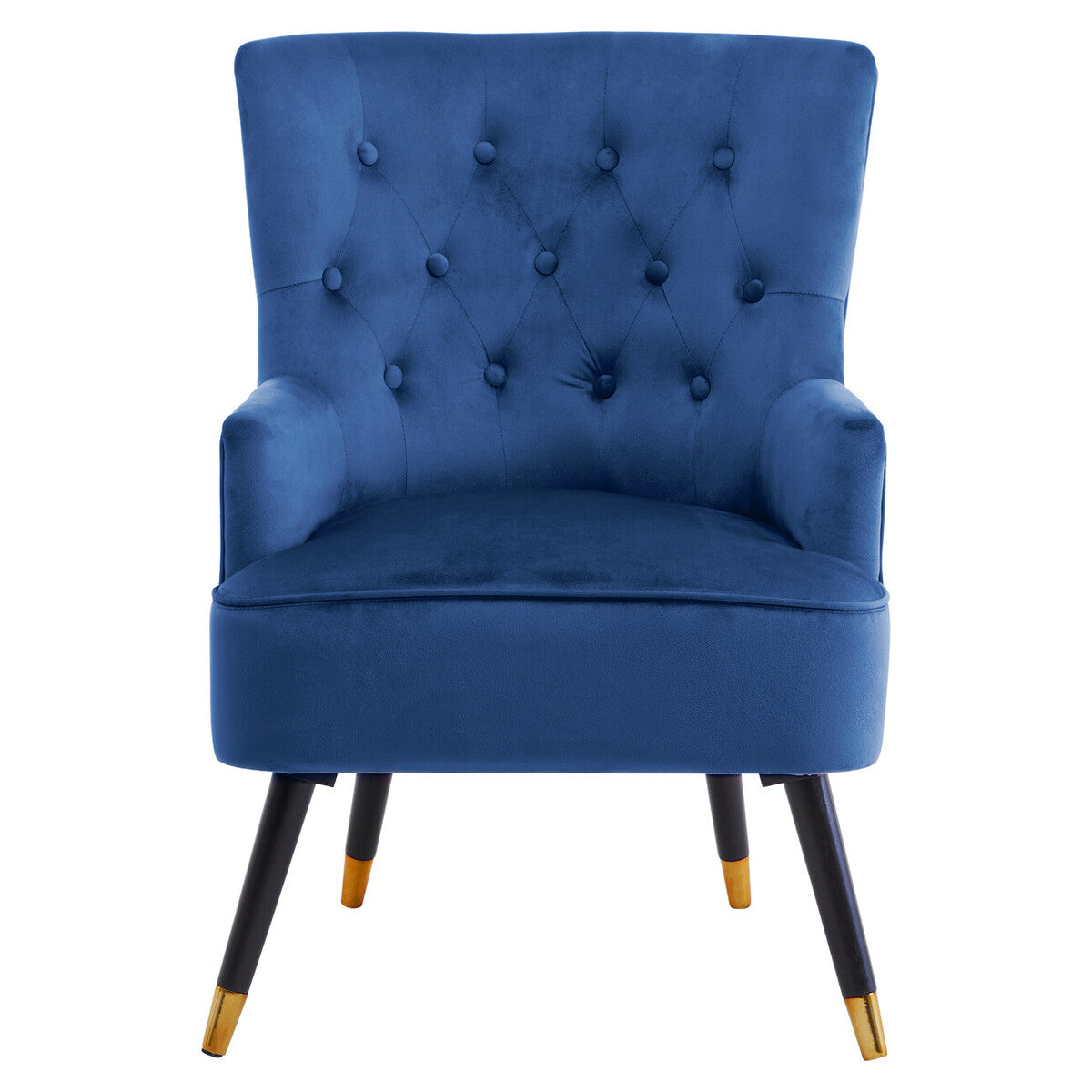 Blue upholstered chair with tufted backrest on a white background