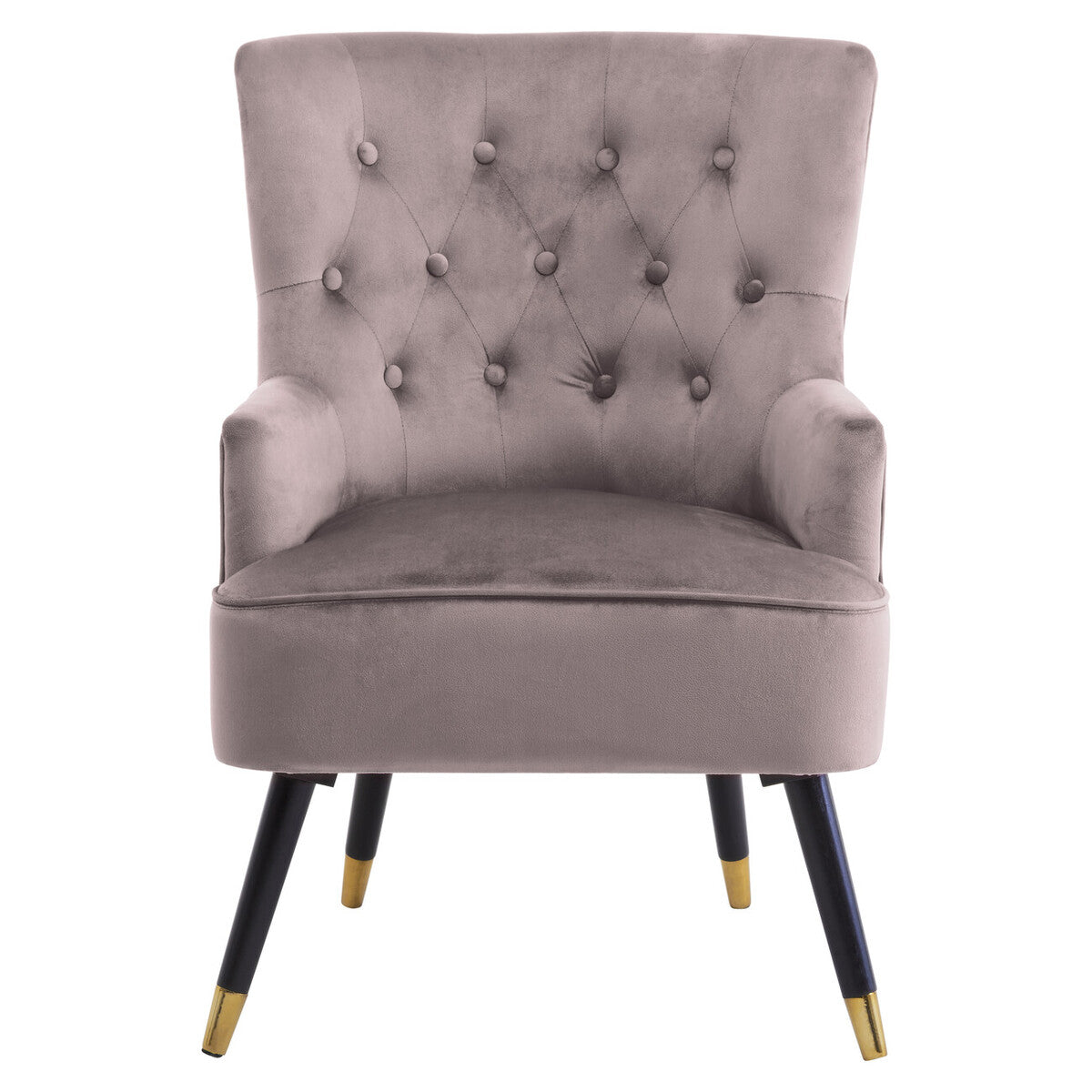 Gray upholstered chair with tufted backrest and black legs with gold tips on a white background