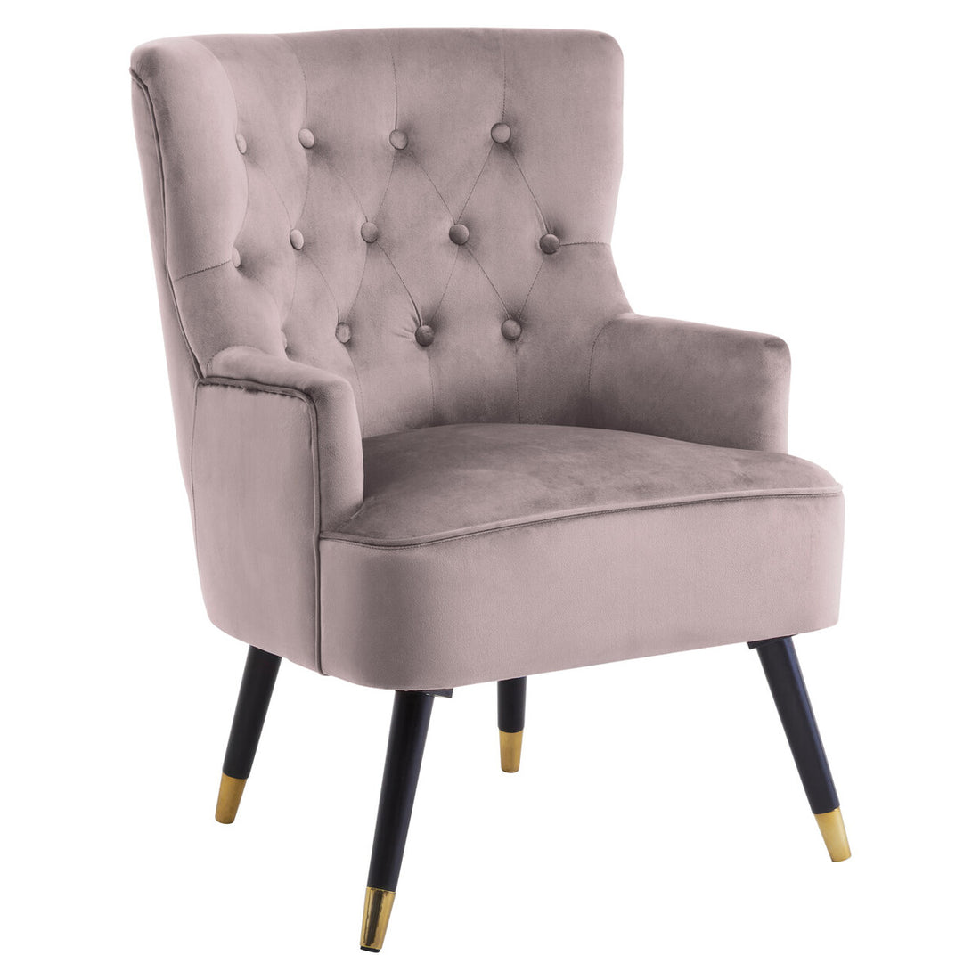 Gray armchair with tufted backrest and black legs with gold tips on a white background