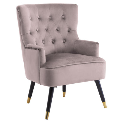 Gray armchair with tufted backrest and black legs with gold tips on a white background