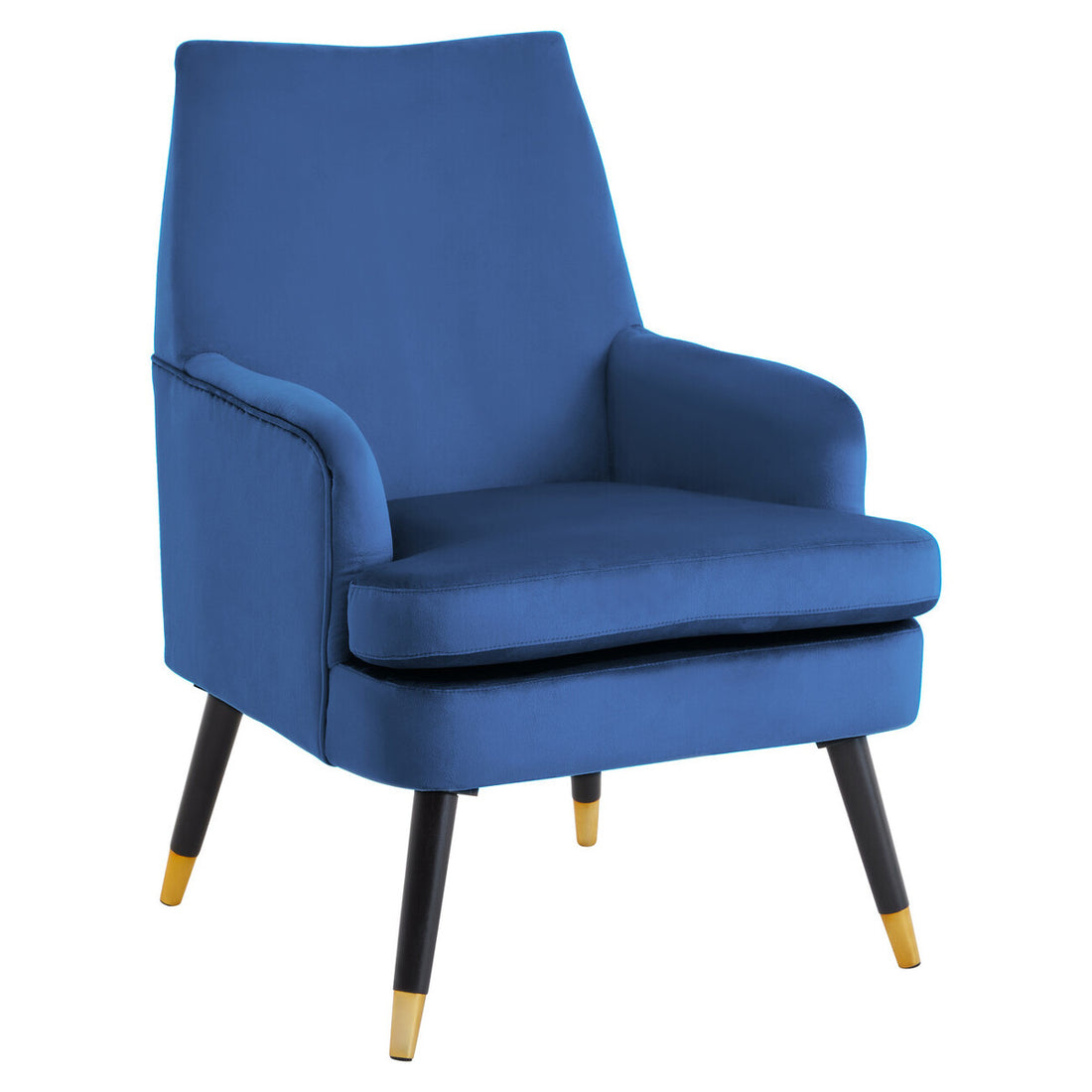 Blue armchair with black legs and gold foot caps on a white background