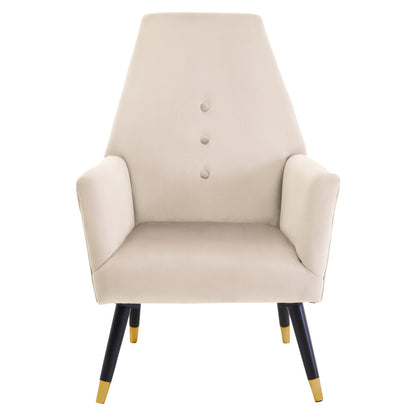 Beige armchair with black legs and gold tips on a white background