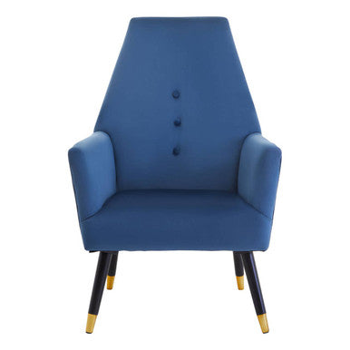 Blue armchair with black legs and gold tips on a white background