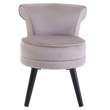 Gray cushioned chair with black legs on a white background