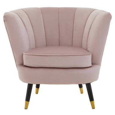 Pink armchair with black legs and gold accents on a white background