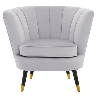 Gray armchair with black legs and gold footrest on a white background