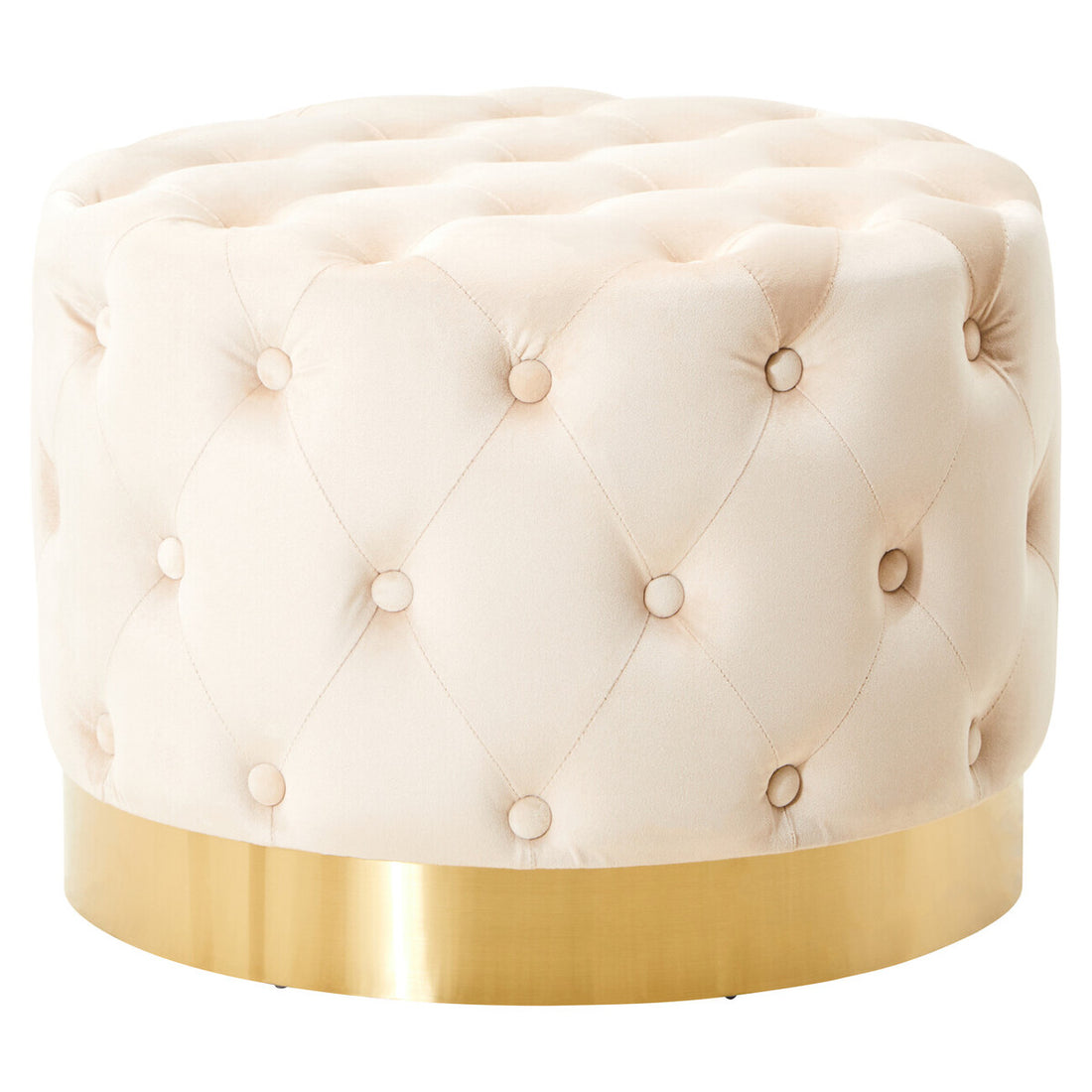 Beige tufted ottoman with a gold base on a white background
