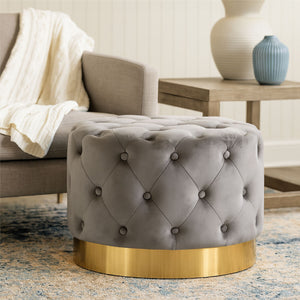 Loretta Grey Velvet Button Tufted Stool with Gold Finish Base