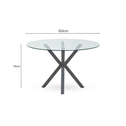Clear Glass Top Round Dining Table with Grey Metal Legs | Salford