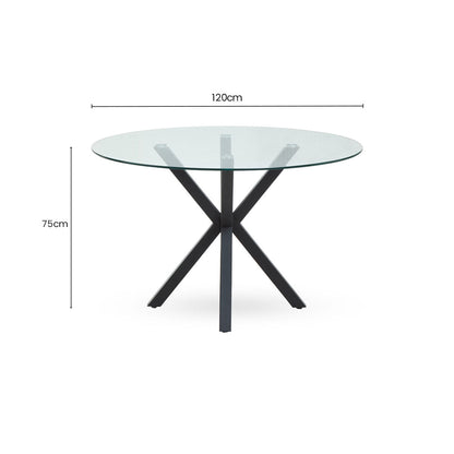 Clear Glass Top Round Dining Table with Black Metal Legs, Salford
